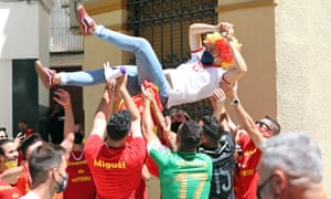 Spain and Poland fans having themselves a time before the game in Seville.