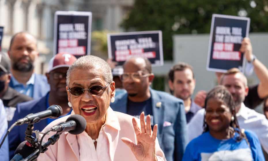 Eleanor Holmes Norton, DC's non-voting representative in Congress, speaks before delivery of a petition to end the filibuster with nearly 400,000 signatures to Joe Biden.