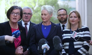 Independents Cathy McGowan, Andrew Wilkie, Kerryn Phelps, Adam Bandt and Rebekha Sharkie at a press conference in Canberra on Thursday.