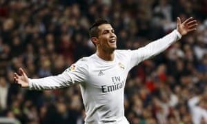 Cristiano Ronaldo celebrates his second goal against Espanyol.