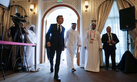 United States Secretary of State Antony Blinken, center left, and Qatar Foreign Minister Mohammed Bin Adbulrahman Al Thani, center right, earlier today.