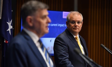 Chief medical officer Brendan Murphy and PM Scott Morrison deliver a coronavirus briefing on Friday