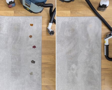 Before and after cleaning stains on a short pile rug with the Shark EveryMess.