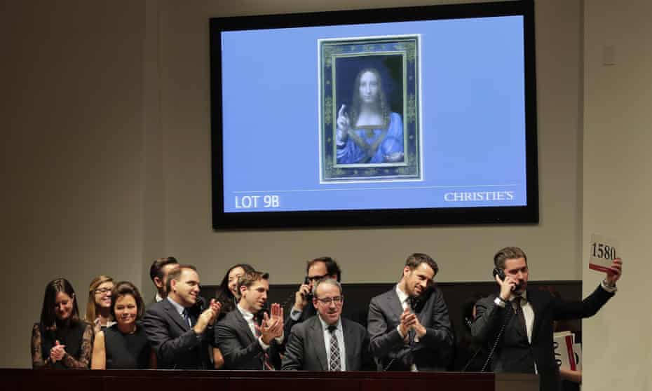 Bidding representatives react after Leonardo da Vinci’s Salvator Mundi is sold for $450 million a Christie’s in New York on 15 November. 