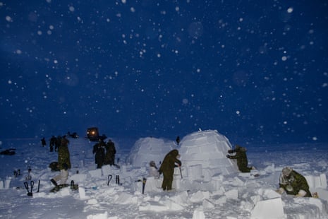 Canadian soldiers on the Arctic Operations Advisors course build igloos under the supervision of Inuit instructors at the Crystal City training facility near Resolute Bay, Nunavut.