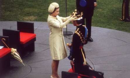 The Queen with Princes Charles during his investiture as Prince of Wales at Caernarfon castle, 1969.