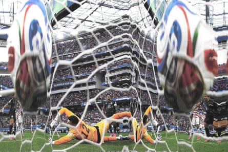 Folarin Balogun of the United States scores against Paraguay. Original photograph by Richard Heathcote.