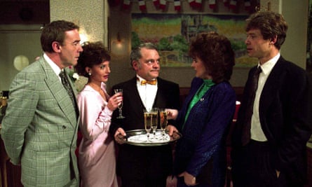 Nicola Pagett, second left, with Michael Jayston, David Jason, Gwen Taylor and David Yelland in the television drama A Bit of a Do, 1989.