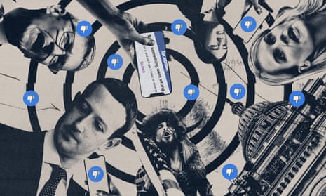 A photo illustration of swirling images of Mark Zuckerberg, Tim Cook, a Facebook error message, Sophie Zhang, Frances Haugen, the US Capitol and the QAnon Shaman, all interspersed with Facebook's "thumbs-down" icons.