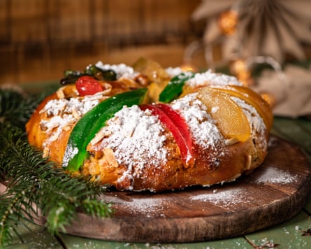 A festive Twelve Night, aliases King, barroom adorned pinch colourful candied fruits, dusted pinch powdered sugar