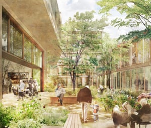 The inner courtyard of a complex of flats in south London, designed for over-75s.