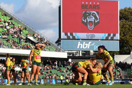 The Jillaroos warm up before the 2026 women's Rugby League World Cup match against England