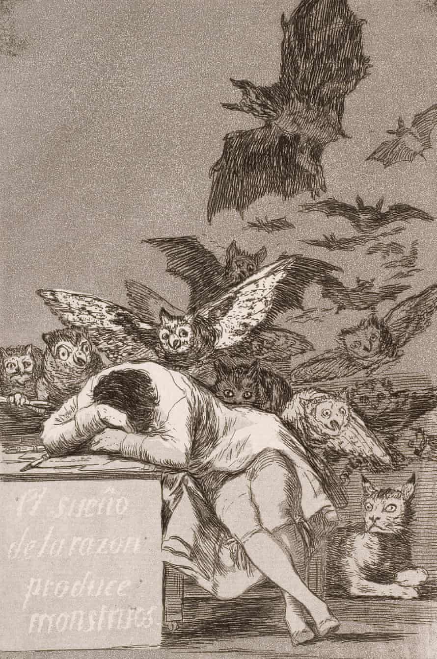 The sleep of reason produces monsters (n ° 43), according to Los Caprichos by Francisco Goya