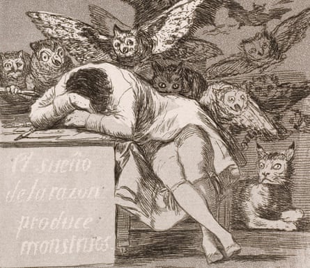 The sleep of reason produces monsters by Goya, showing a man asleep while hideous creatures prowl around him.