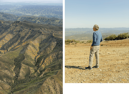 A pair of photos show a mountainous California landscape and a man standing on a ridge, surveying the view.