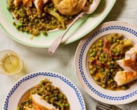 David Gingell's roast chicken with braised peas and lettuce served on plates