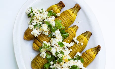 Just add bread: hasselback-style courgettes, feta, herbs and lemon.