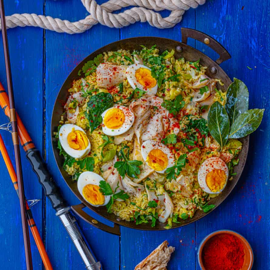 Emily Scott’s kedgeree with leeks, wilted spinach, herbs and creme fraiche.