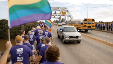 Members of the San Francisco Gay Men’s Chorus march over the Edmund Pettus bridge in Selma, Alabama.