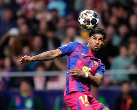 Barcelona forward Marcus Rashford controls the ball with his head during their Champions League quarter-final against Atlético Madrid at the Riyadh Air Metropolitano.