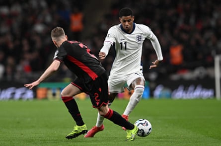 Marcus Rashford on the attack against Albania. The striker showcased his improved workrate since moving on loan to Aston Villa