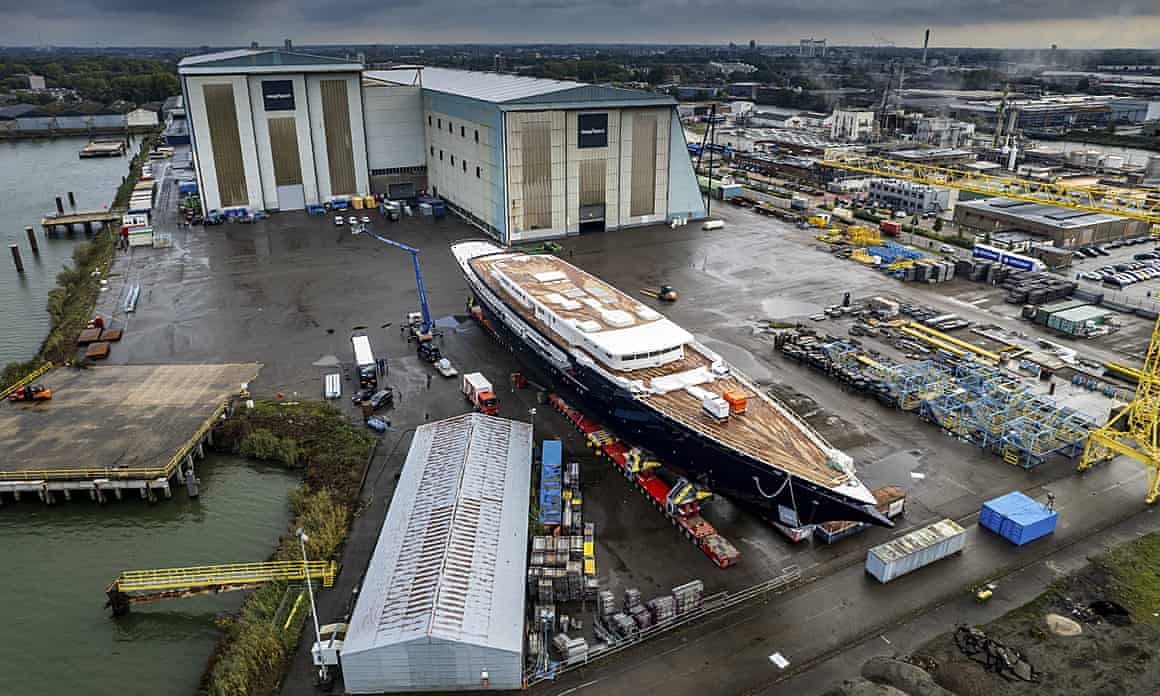 A yacht, reportedly being built for Jeff Bezos, the Amazon founder, on a wharf in Zwijndrecht, the Netherlands.