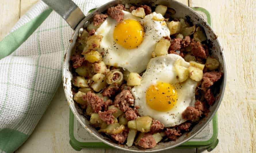 coprned bef hash eggs