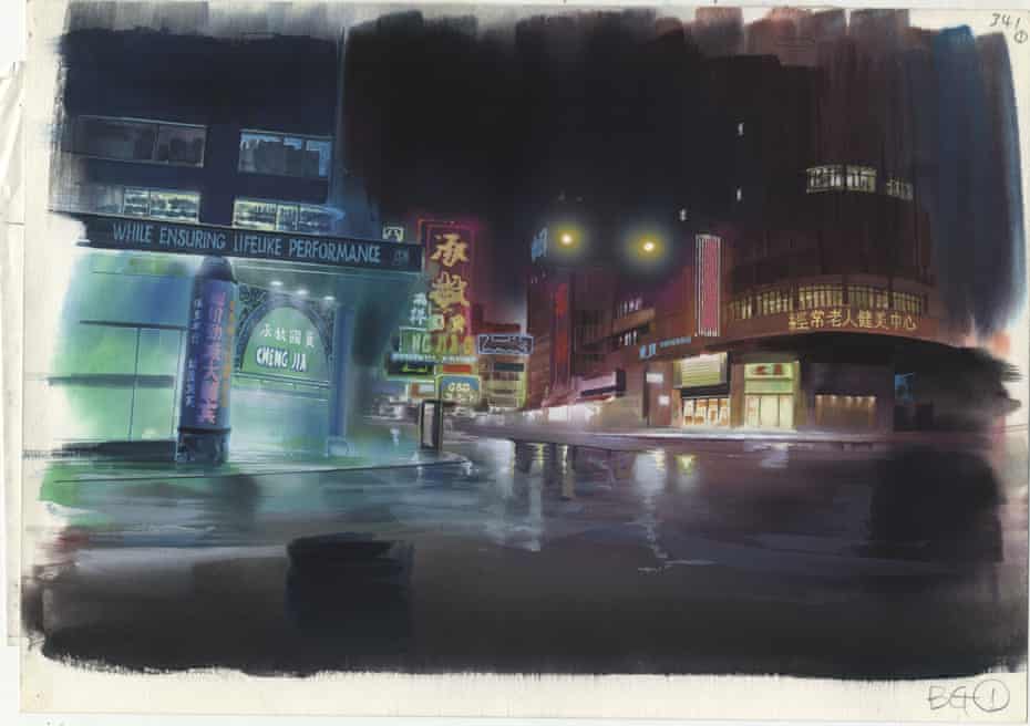 A final background painting for Ghost in the Shell, cut 341, watercolour on paper