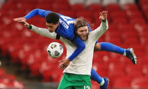 Jude Bellingham and the Republic of Ireland’s Jeff Hendrick collide during the Nations League warm-up. This year England have conceded two goals in six games, both penalties.