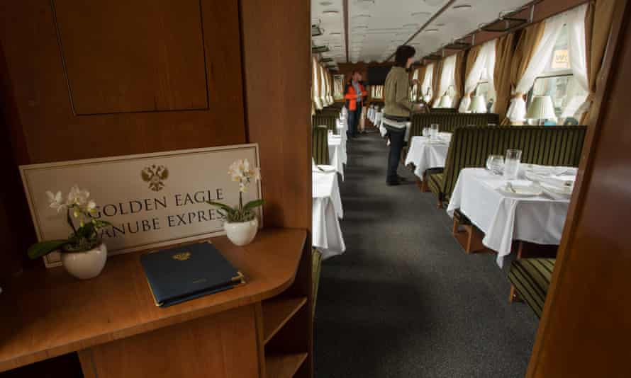 First class service: a dining car on the Golden Eagle Danube Express in Budapest, Hungary.