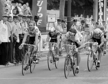 Bernard Hinault sprints over the line to win the final stage of the 1982 Tour.