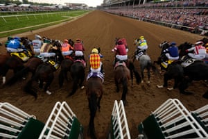 Horses leave the starting gate of a race track