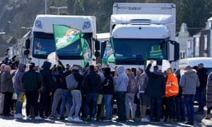 Former P&O staff and RMT members block the road leading to the Port of Dover.