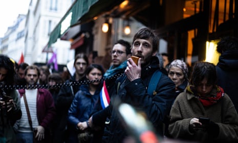 A protest on Tuesday outside the British embassy in Paris  against the arrest of Ernest Moret.