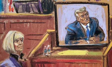A courtroom sketch of E. Jean Carroll watching as Donald Trump’s video deposition is played in court.