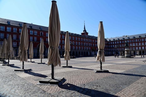 Restaurant terraces remain closed at the usually overcrowded Plaza Mayor in central Madrid.