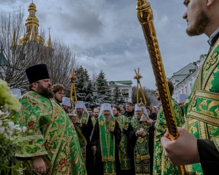 Onufriy Berezovsky (centre), primate of the Ukrainian Orthodox Church Moscow Patriarchate, with priests.