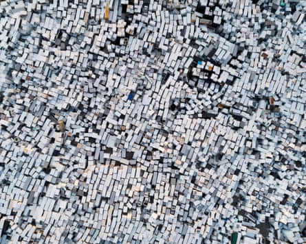 A fridge recycling and disposal yard seen from above