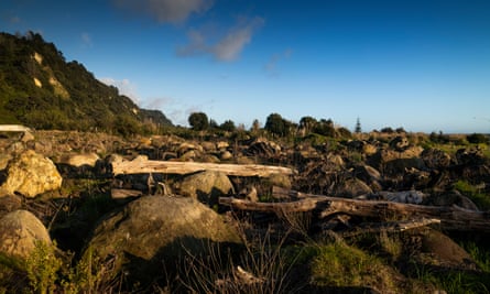Logs and rocks in the New Zealand town of Matatā.
