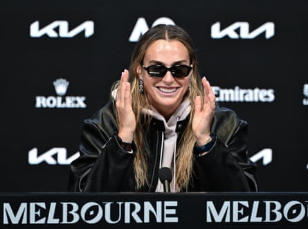 Aryna Sabalenka at her press conference after beating Anastasia Potapova.