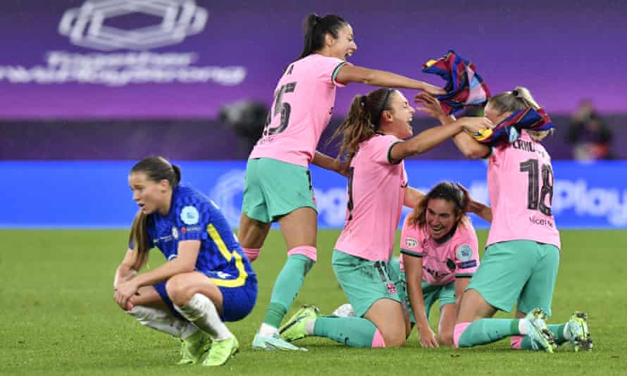 Barcelona players celebrate winning the UEFA Women’s Champions League.