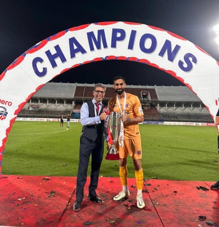 Raj Athwal with Amrinder Singh, the Odisha FC goalkeeper, after their victory in the 2023 Super Cup