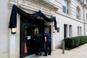 Mourning bunting is displayed outside of US Capitol Police Headquarters on April 13.