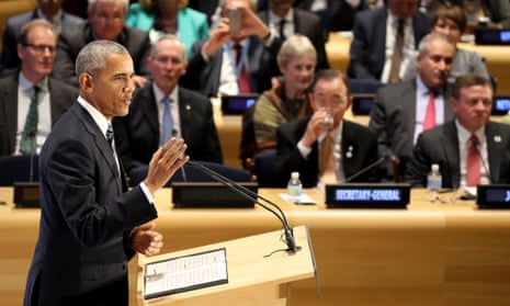 Barack Obama addresses a meeting on refugees during the UN general assembly.