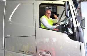 Australian Prime Minister Scott Morrison is seen inside a Volvo truck during a visit to the Wacol Volvo truck production facility in Brisbane, Friday, January 22, 2021.