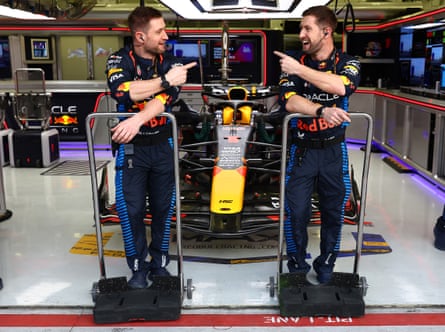 Jon Caller (left) and Matt Caller pose in the pitlane prior to the Formula One 2024 Bahrain Grand Prix