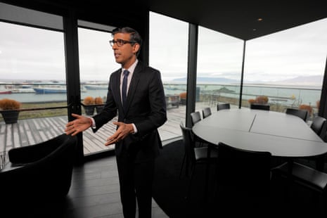 Rishi Sunak speaks with the media at the Harpa concert hall in Reykjavík, where a Council of Europe summit is taking place.