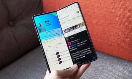The Z Fold 4 with the Premier League, Twitter and Google apps open on screen.