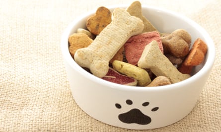 A mixture of dog treats in a bowl.