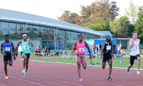 CJ Ujah (No 4) runs in the 100m at the Lee Valley Sprint Night in north London.